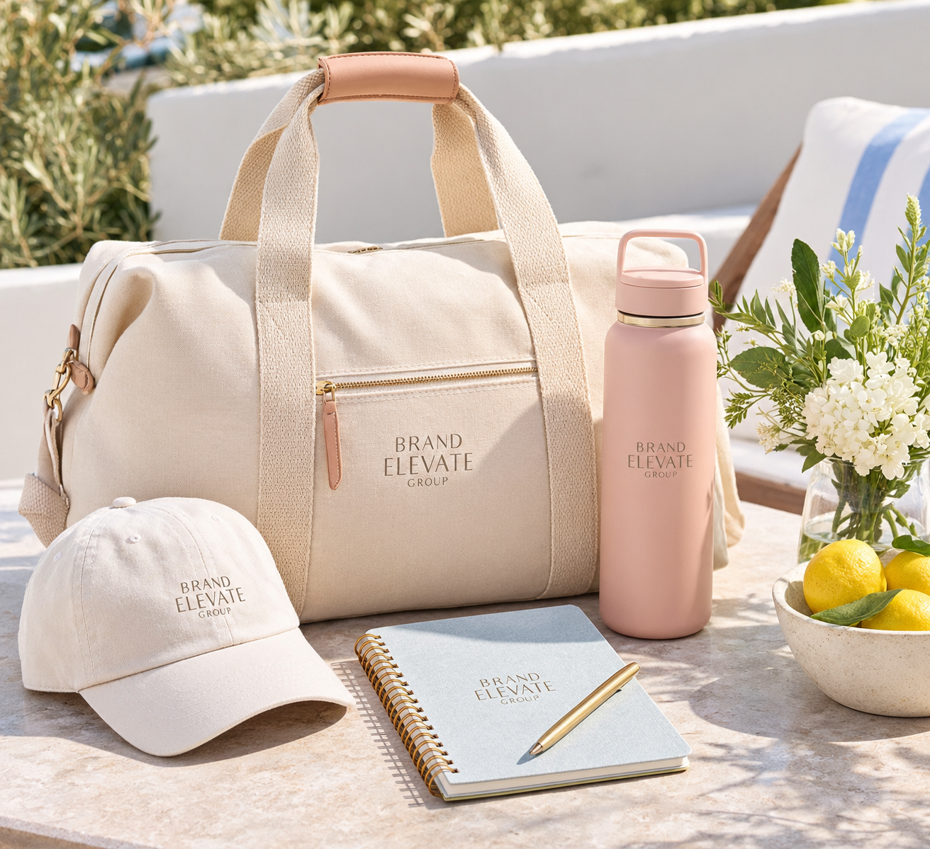 Brand Elevate Group branded bag, bottle, cap, notebook, and pen